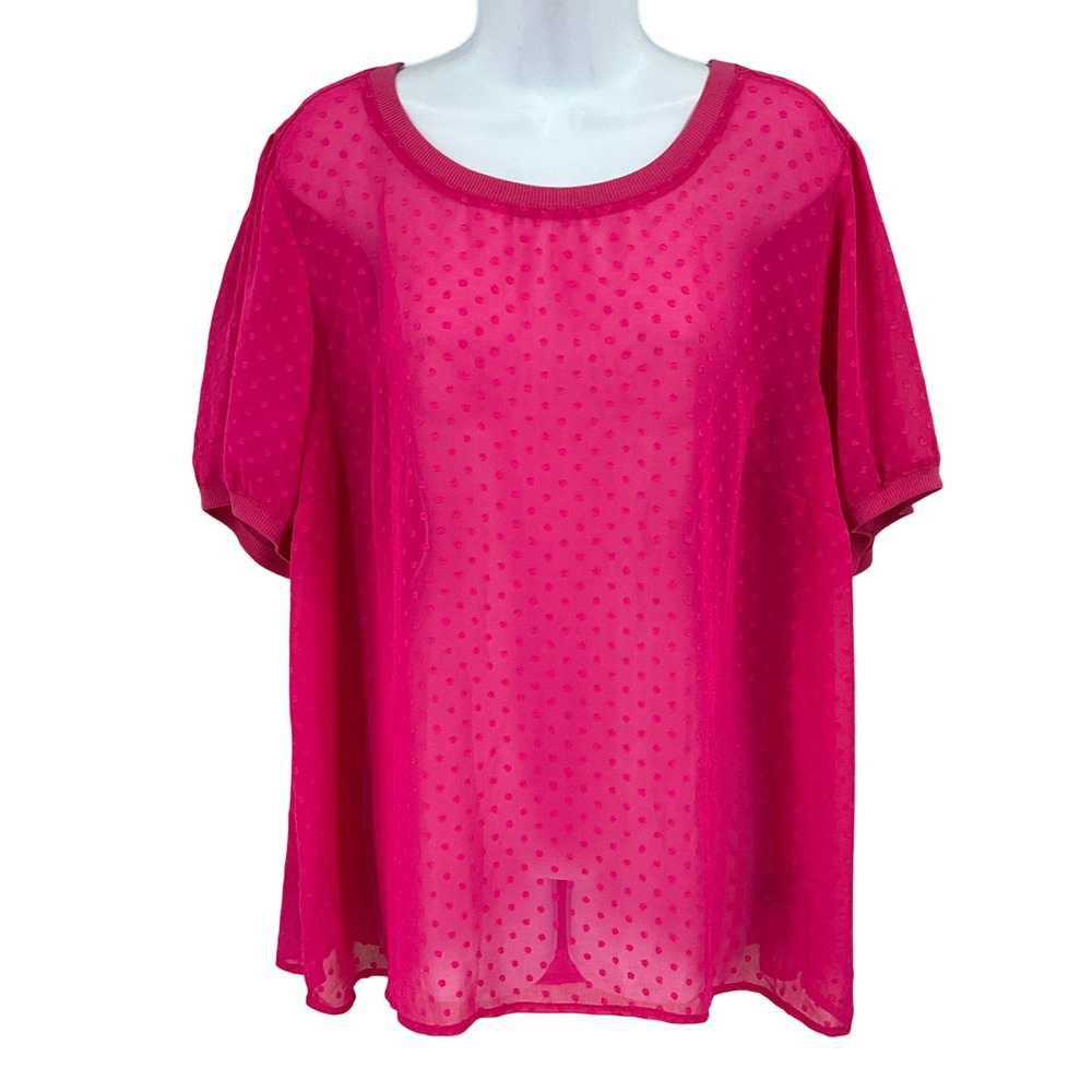 Torrid Blouse Womens 2 Pink Swiss Dot Short Sleeve Ribbed Trim Keyhole Back Top